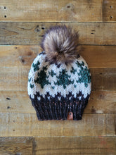 Load image into Gallery viewer, Lemon Tree Lane Adult Wintry Pines Hat | Toasted Almond Brim with Pine Tree Design/Classic Striped Brown Faux Fur Pom Pom