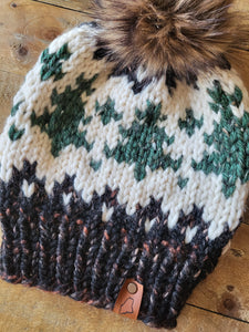 Lemon Tree Lane Adult Wintry Pines Hat | Toasted Almond Brim with Pine Tree Design/Classic Striped Brown Faux Fur Pom Pom