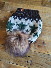 Load image into Gallery viewer, Lemon Tree Lane Adult Wintry Pines Hat | Toasted Almond Brim with Pine Tree Design/Classic Striped Brown Faux Fur Pom Pom