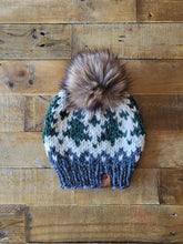 Load image into Gallery viewer, Lemon Tree Lane Adult Wintry Pines Hat | Licorice Grey Brim with Pine Tree Design/Classic Striped Brown Faux Fur Pom Pom