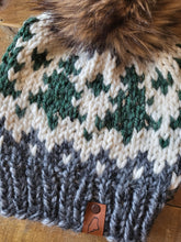 Load image into Gallery viewer, Lemon Tree Lane Adult Wintry Pines Hat | Licorice Grey Brim with Pine Tree Design/Classic Striped Brown Faux Fur Pom Pom