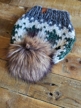 Load image into Gallery viewer, Lemon Tree Lane Adult Wintry Pines Hat | Licorice Grey Brim with Pine Tree Design/Classic Striped Brown Faux Fur Pom Pom