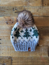 Load image into Gallery viewer, Lemon Tree Lane Adult Wintry Pines Hat | Grey Marble Brim with Pine Tree Design/Classic Striped Brown Faux Fur Pom Pom