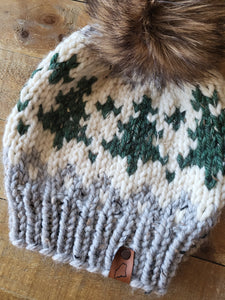 Lemon Tree Lane Adult Wintry Pines Hat | Grey Marble Brim with Pine Tree Design/Classic Striped Brown Faux Fur Pom Pom