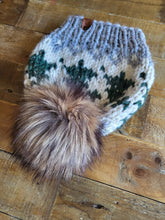 Load image into Gallery viewer, Lemon Tree Lane Adult Wintry Pines Hat | Grey Marble Brim with Pine Tree Design/Classic Striped Brown Faux Fur Pom Pom