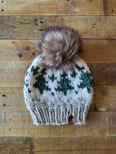 Load image into Gallery viewer, Lemon Tree Lane Adult Wintry Pines Hat | Oatmeal Tweed Brim with Pine Tree Design/Classic Striped Brown Faux Fur Pom Pom