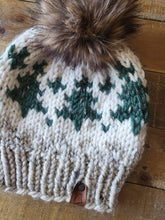 Load image into Gallery viewer, Lemon Tree Lane Adult Wintry Pines Hat | Oatmeal Tweed Brim with Pine Tree Design/Classic Striped Brown Faux Fur Pom Pom