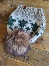 Load image into Gallery viewer, Lemon Tree Lane Adult Wintry Pines Hat | Oatmeal Tweed Brim with Pine Tree Design/Classic Striped Brown Faux Fur Pom Pom