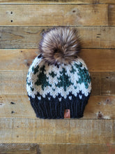 Load image into Gallery viewer, Lemon Tree Lane Adult Wintry Pines Hat | Classic Black Brim with Pine Tree Design/Classic Striped Brown Faux Fur Pom Pom