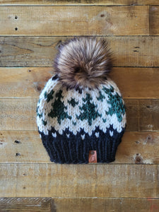 Lemon Tree Lane Adult Wintry Pines Hat | Classic Black Brim with Pine Tree Design/Classic Striped Brown Faux Fur Pom Pom