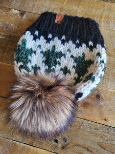 Lemon Tree Lane Adult Wintry Pines Hat | Classic Black Brim with Pine Tree Design/Classic Striped Brown Faux Fur Pom Pom