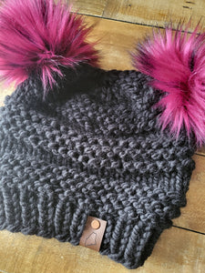 Lemon Tree Lane Adult Double Pom Beanie | Black with Double Magenta/Black Striped Faux-Fur Pom Poms