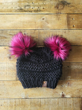 Load image into Gallery viewer, Lemon Tree Lane Adult Double Pom Beanie | Black with Double Magenta/Black Striped Faux-Fur Pom Poms