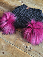 Load image into Gallery viewer, Lemon Tree Lane Adult Double Pom Beanie | Black with Double Magenta/Black Striped Faux-Fur Pom Poms