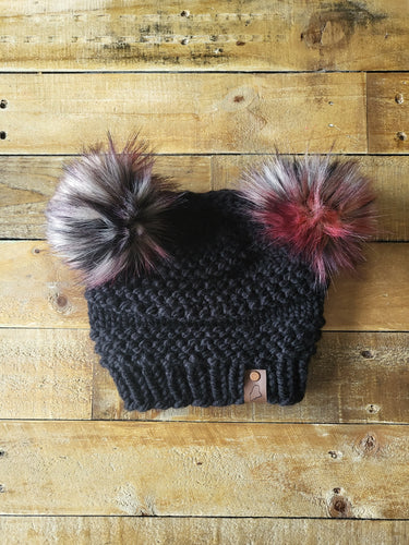 Lemon Tree Lane Adult Double Pom Beanie | Black with Double Black/Silver/Ruby Faux-Fur Pom Poms