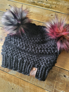 Lemon Tree Lane Adult Double Pom Beanie | Black with Double Black/Silver/Ruby Faux-Fur Pom Poms