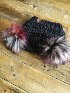 Lemon Tree Lane Adult Double Pom Beanie | Black with Double Black/Silver/Ruby Faux-Fur Pom Poms