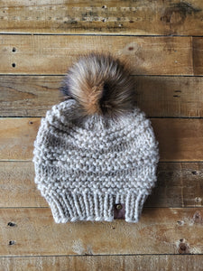 Lemon Tree Lane Adult "Cranmore" Slouchy Beanie | Wheat Tweed with Coyote Brown/Black Faux Fur Pom Pom