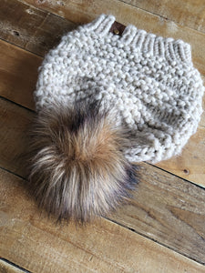 Lemon Tree Lane Adult "Cranmore" Slouchy Beanie | Wheat Tweed with Coyote Brown/Black Faux Fur Pom Pom