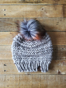 Lemon Tree Lane Adult "Cranmore" Slouchy Beanie | Grey Marble Tweed with Slate Cinnamon Faux Fur Pom Pom