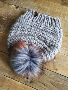 Lemon Tree Lane Adult "Cranmore" Slouchy Beanie | Grey Marble Tweed with Slate Cinnamon Faux Fur Pom Pom