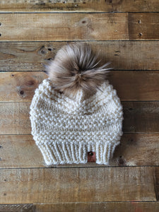 Lemon Tree Lane Adult "Cranmore" Slouchy Beanie | Classic Cream with Blonde Faux Fur Pom Pom