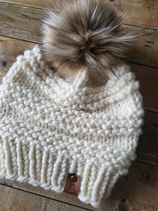 Lemon Tree Lane Adult "Cranmore" Slouchy Beanie | Classic Cream with Blonde Faux Fur Pom Pom