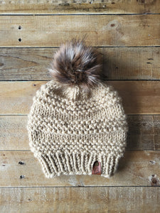 Lemon Tree Lane Adult "Cranmore" Slouchy Beanie | Peanut with Spotted Lynx Faux Fur Pom Pom