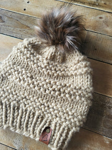 Lemon Tree Lane Adult "Cranmore" Slouchy Beanie | Peanut with Spotted Lynx Faux Fur Pom Pom