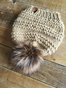 Lemon Tree Lane Adult "Cranmore" Slouchy Beanie | Peanut with Spotted Lynx Faux Fur Pom Pom